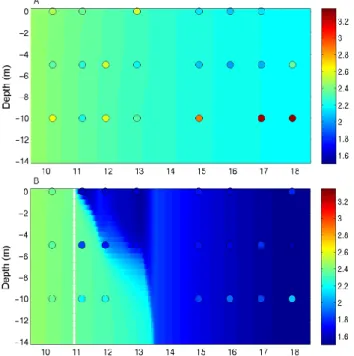Fig. 5. Modelled DFe concentration (µmol m −3 ) in CONTROL- CONTROL-meso (A) and DUST-CONTROL-meso (B)