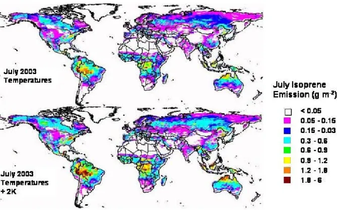 Fig. 3. Response of global isoprene emission rate distributions to a 2 K increase in temperature