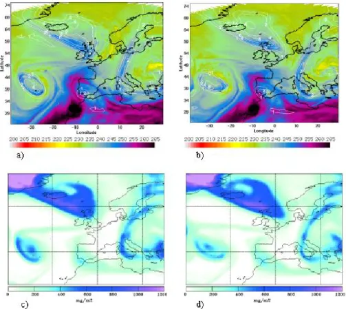 Fig. 3. WV images on 20 June at 00:00 UTC (a) and 06:00 UTC (b). The colour scale repre- repre-sents the temperature (K) of the top layer of water in the atmosphere