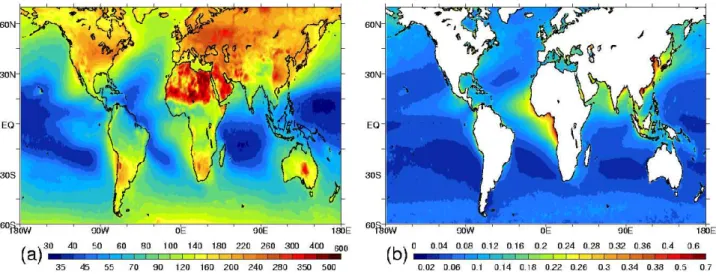 Fig. 1. Annual mean (five-year average) (a) cloud droplet number concentration (cm −3 ) and (b) fine-mode aerosol optical depth (AODFM, unitless) as derived from MODIS.
