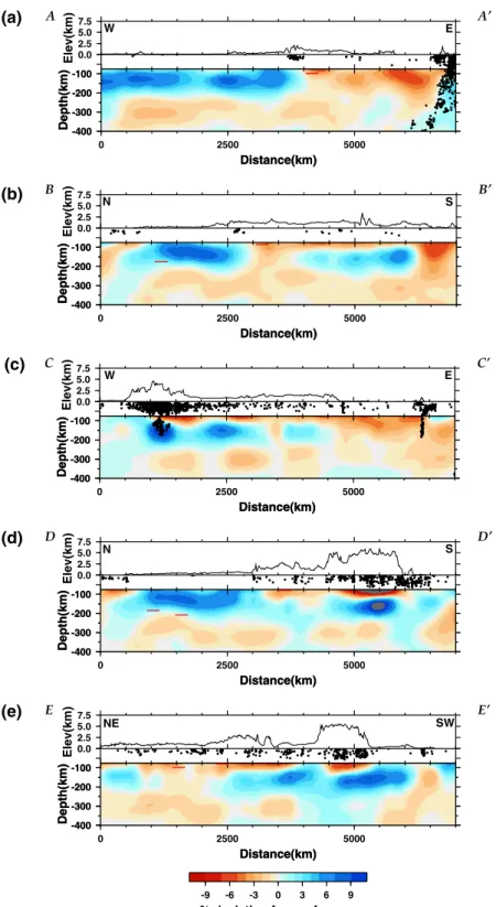 Figure 8. Five profiles showing the depth variation of the S v wave speed heterogeneity