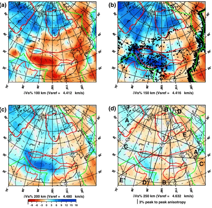 Figure 4. Depth sections through the model are shown at (a) 100 km, (b) 150 km, (c) 200 km and (d) 250 km depth