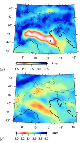 Figure 1: Rayleigh-wave phase-velocity maps of Kaestle et al. [2017], at periods of (a) 6 s, (b) 16 s and (c) 25 s.