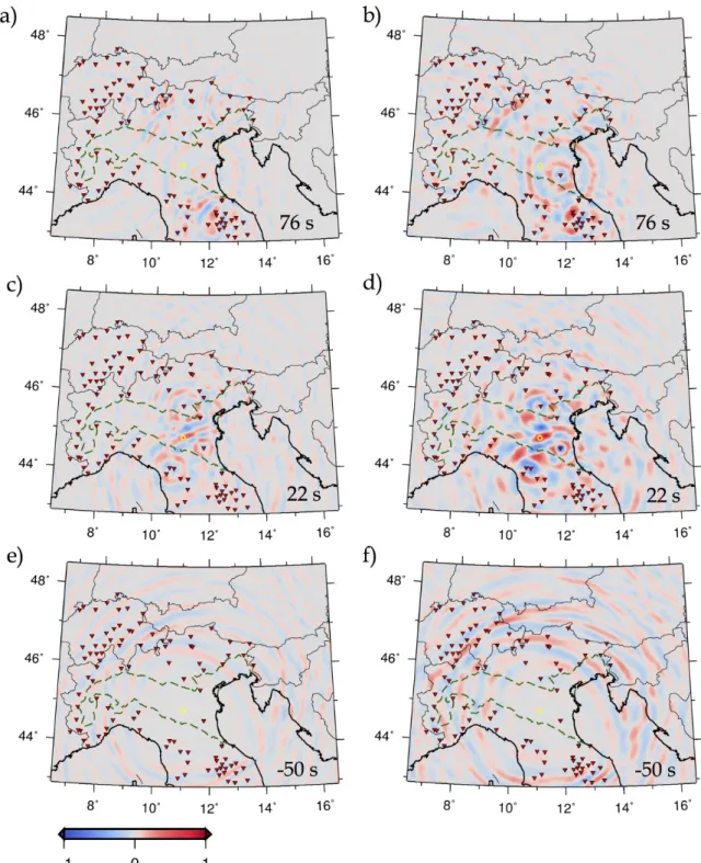 Figure 9: Snapshots of the ray-theory (left) and SPECFEM2D (right) time-reversal simula- simula-tions of real earthquake data described in sec