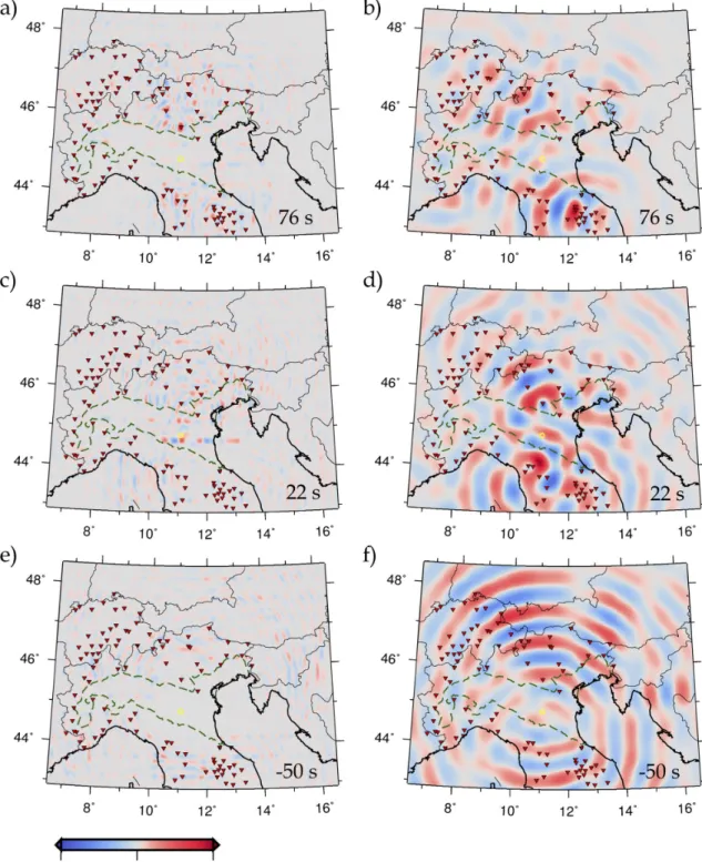Figure 11: Snapshots of ray-theory time-reversal simulations of real earthquake data, in the 4-to-8 s (left) and 20-to-30 s (right) period bands