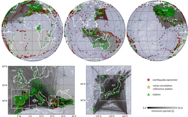 Figure 2. Data coverage proxy. Shown are minor-arc great circles connecting earthquake epicenters (red stars) and noise correlation virtual sources (yellow stars) to stations (green triangles)