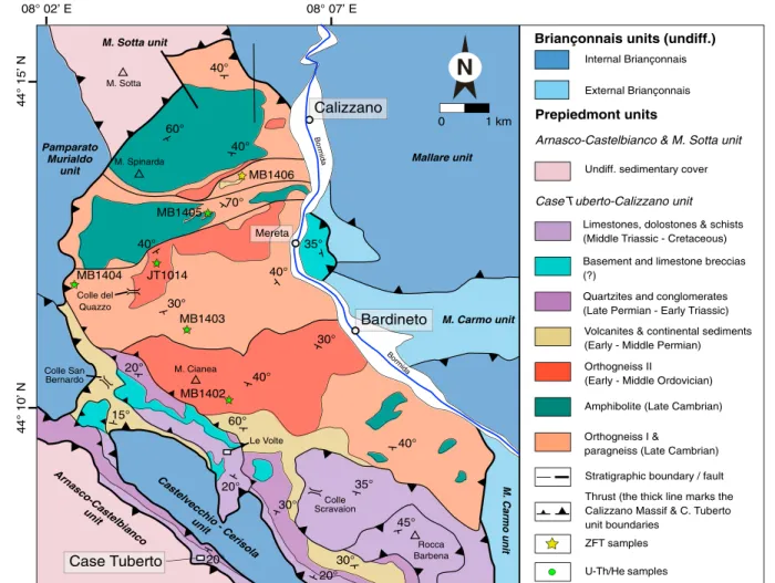 Figure 3. Geological map of the Case Tuberto-Calizzano unit and samples locations, modi ﬁ ed from Seno et al