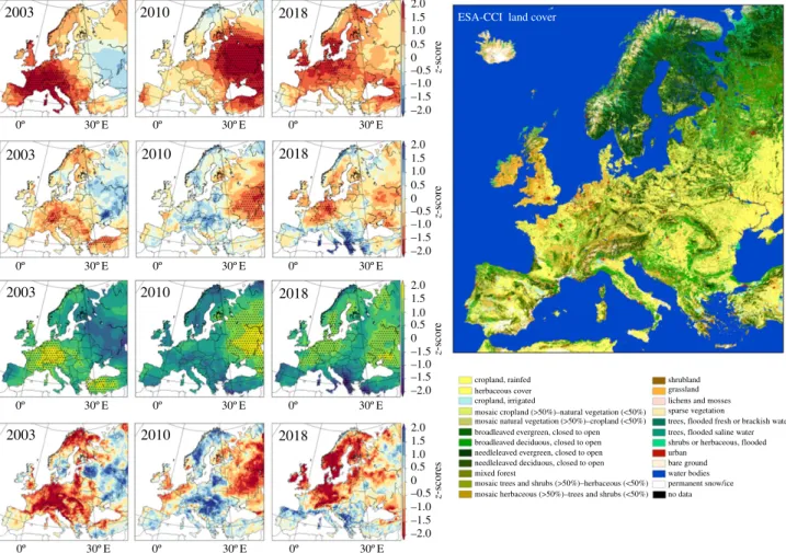 Figure 2. Three recent European extreme summers placed in a 40-year perspective of temperature (top row), rainfall (second row), incoming radiation (third row) and soil-moisture (bottom row) anomaly