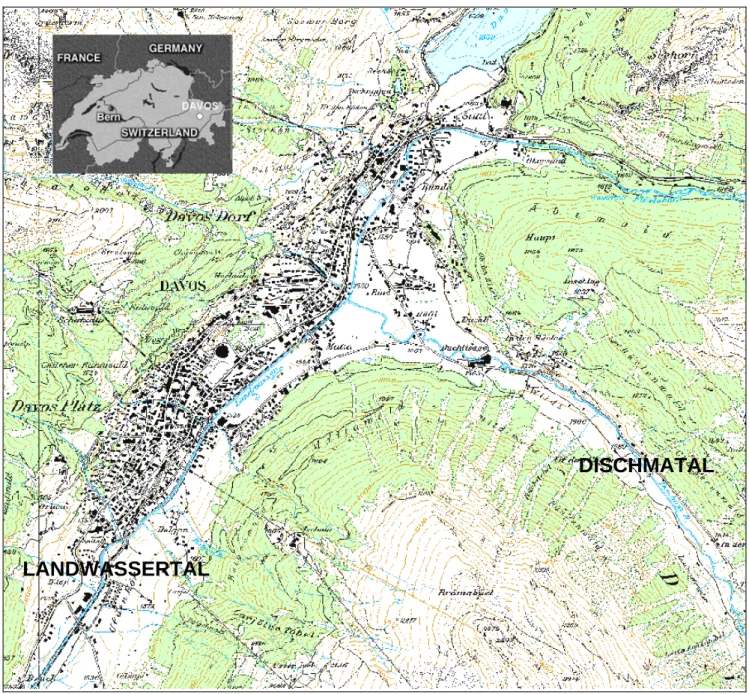 Figure 3: The commune of Davos, covering totally 254 km 2 , is located in the eastern part  of Switzerland