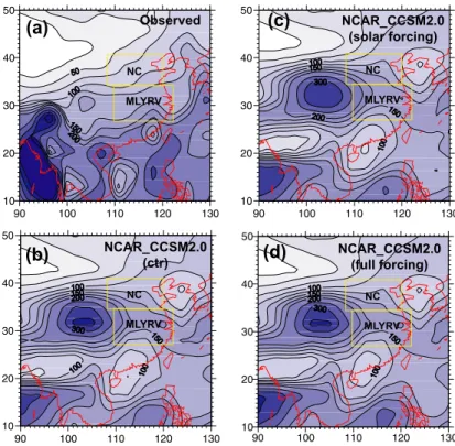 Fig. 5. Spatial patterns of summer precipitation (unit: mm/month) in observed data (a), and modeled data of three experiments, i.e