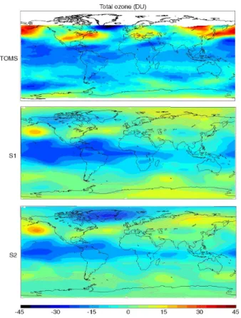 Fig. 9. Di ff erence between 1987 and 1989 in total ozone, averaged from January to March, in TOMS Version 8 data, S1, and S2