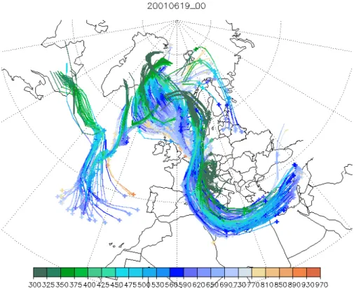 Fig. 1. Example of an operational STE forecast based upon ECMWF forecast data for the time period 19–23 June 2001 for stratospheric tracer released on 19 June, 00:00 UTC