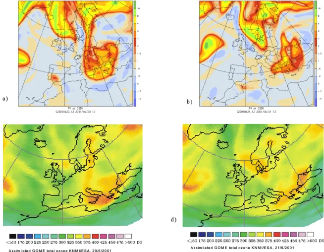 Fig. 2. Isentropic PV on the 325 K surface on 20 June 2001 12:00 UTC (a) and on 21 June 2001 12:00 UTC (b) based on the ECMWF global analysis data