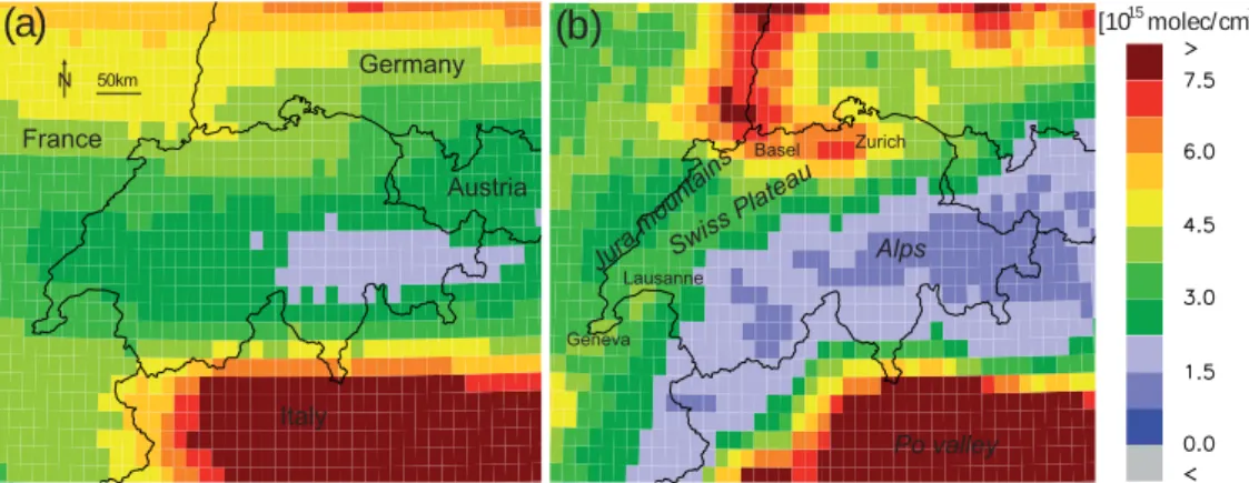 Fig. 8. Mean clear sky (satellite pixel cloud fraction ≤0.1) NO 2 tropospheric columns over the Central Alps and Switzerland deduced from GOME (1996–2003) (a) and SCIAMACHY (2003–2005) retrievals (b)