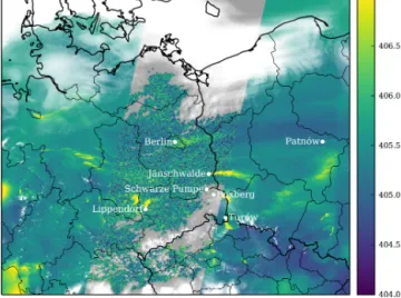 Figure 1. Simulated XCO 2 field on 23 April 2015 in the SMART- SMART-CARB model domain overlaid with an example of a 250 km wide swath of the planned Sentinel CO 2 instrument (low-noise scenario).