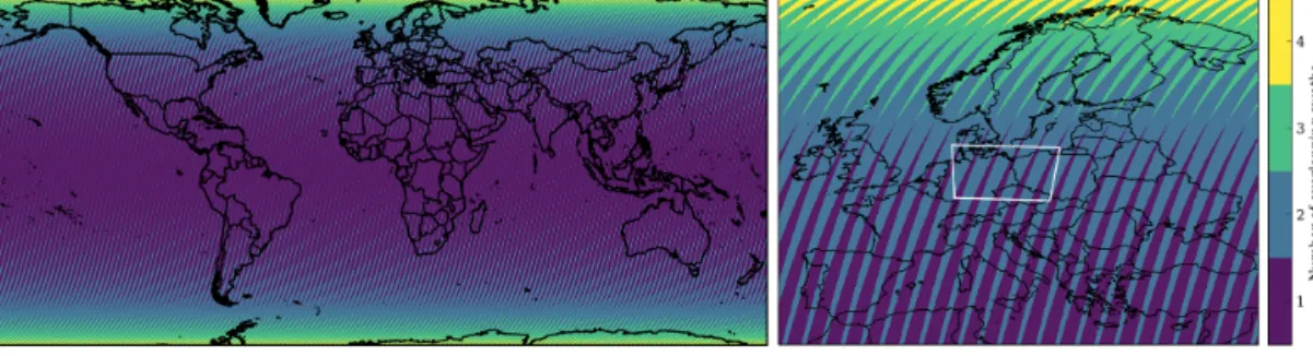 Figure 2. Spatial coverage of one CO2M satellite within its 11 d repeat cycle (a) globally and (b) over Europe