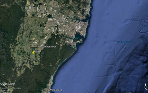 Figure 4. Map showing the location of EMAI relative to Sydney and Wollongong. The measurement path and corresponding elevation profile are shown in Fig