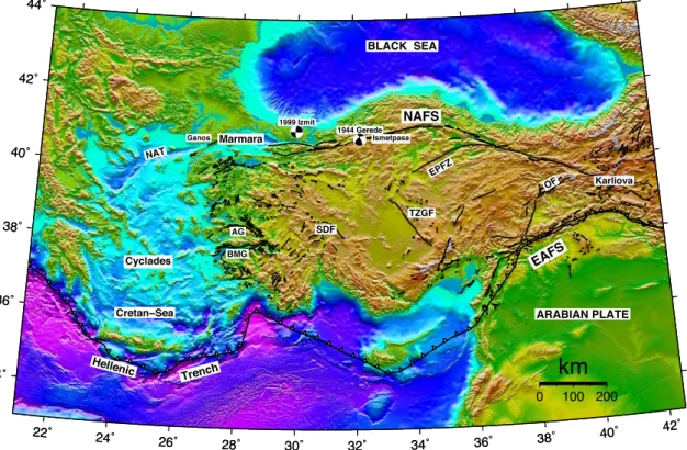 Figure 1. Tectonic framework and the main features in Anatolia and surrounding regions