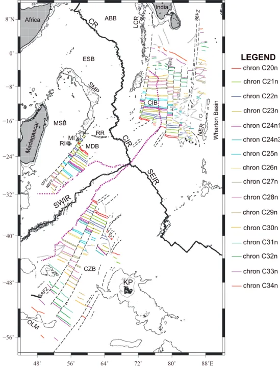 Figure 6. Updated magnetic isochrons and associated tectonic fabric between Chrons C34ny and C20ny (83.0 – 42.536 Ma) in the Central Indian Ocean