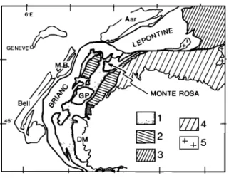 Fig.  1.  Western  and  Central  Alps.  Units  related  to  south  Alpine  continent  are  dashed:  (2)  Sesia  and  Dent  Blanche  nappe,  (3)  Austroalpine  nappes,  (4)  South  Alpine  units;  shaded  areas  (1)  represent 