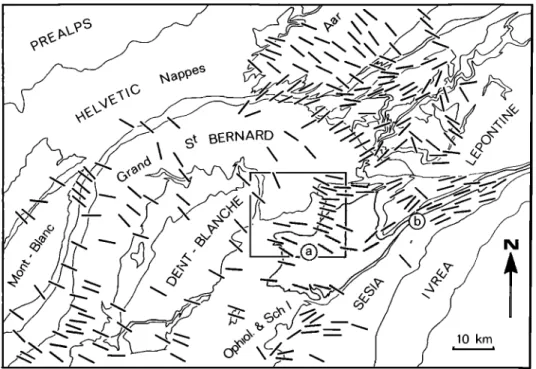 Fig.  2.  Structural  sketch  map of  Northwestern  Alps;  Monte Rosa is  shaded.'  (a)  studied  area,  (b)  Eastern  steep  zone