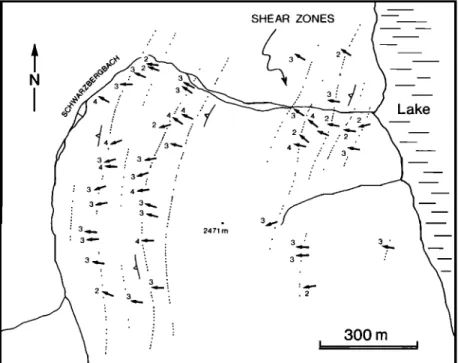 Fig.  6.  Detailed  structural  map  of  orthogneiss  outcrops  (Western  shore  of  Mattmark  lake)