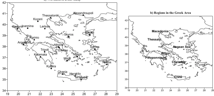Fig. 1. The geographical distribution of the stations (a) and the geographical location of the Greek regions (b) used in the study.
