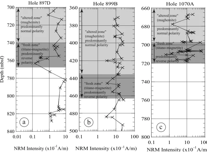 Figure 8. NRM intensities plotted against depth below serpentinized peridotite basement in ODP holes 897D, 899B, and 1070A (locations in Figure 4)