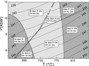 Figure 17. PT plot with contours of molar volume in J bar 1 (equivalent to 10 1 cm 1 mol 1 ) calculated for the same system as shown in Figure 13