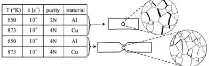Figure 18. Final creep failure microstructure and speci- speci-men distortion from tensile experispeci-ments with metals at constant strain rate