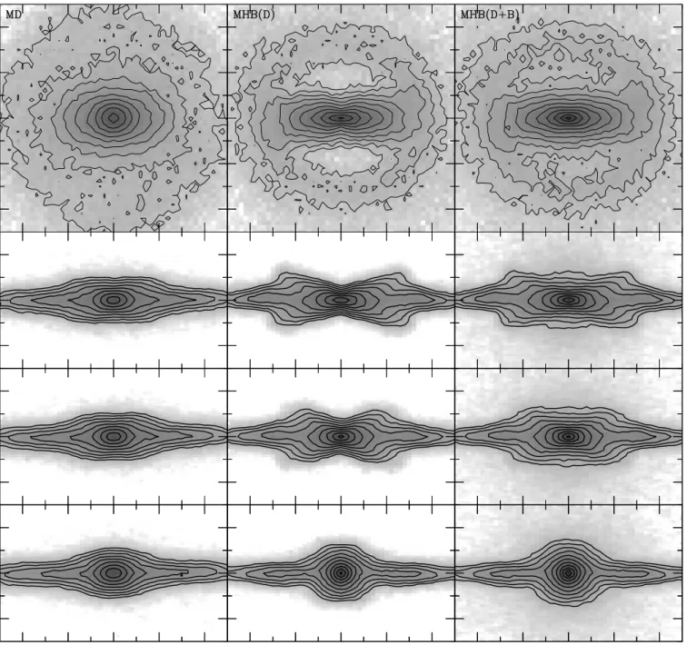 Figure 1. Face-on (top row), side-on (second row), 45 ◦ viewing angle (third row) and end-on (bottom row) views for two characteristic simulations