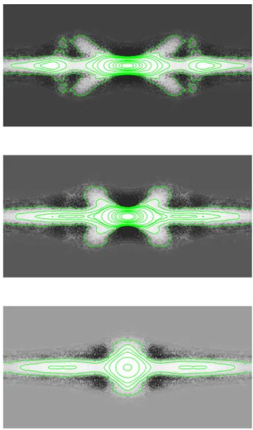 Figure 6. Median-filtered images for a simulation with a strong bar. In all three panels the disc is seen edge-on