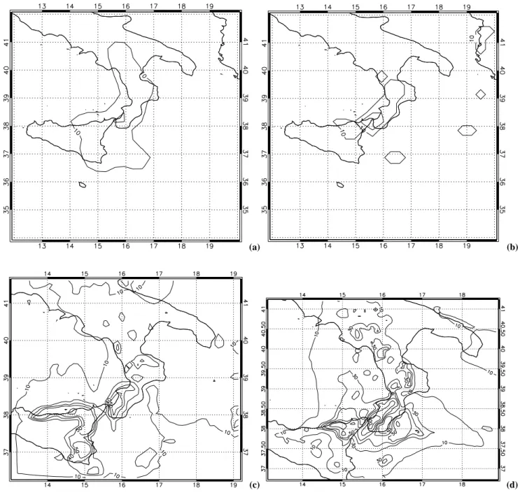 Fig. 7. (a) LEPS first grid ensemble weighted mean precipitation for 25 May 2002 (cumulated from 23 May – 23:00 UTC to 25 May – 22:00 UTC)