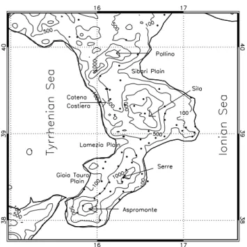 Fig. 1. Topography of Calabria averaged over 10 km 2 . Main features are also reported