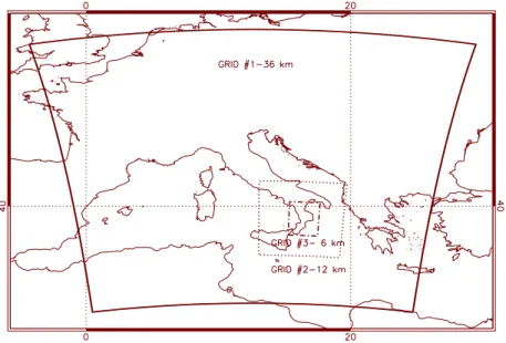 Fig. 2. Simulation domains. Horizontal grid resolutions are 36 km, 12 km, 6 km for first, second and third domain, respectively