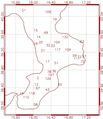 Figure 3 shows raingauge measurements for the 14 Jan- Jan-uary 2001 case study. Several stations reported more than 100 mm, and the maximum rainfall recorded is about 150 mm