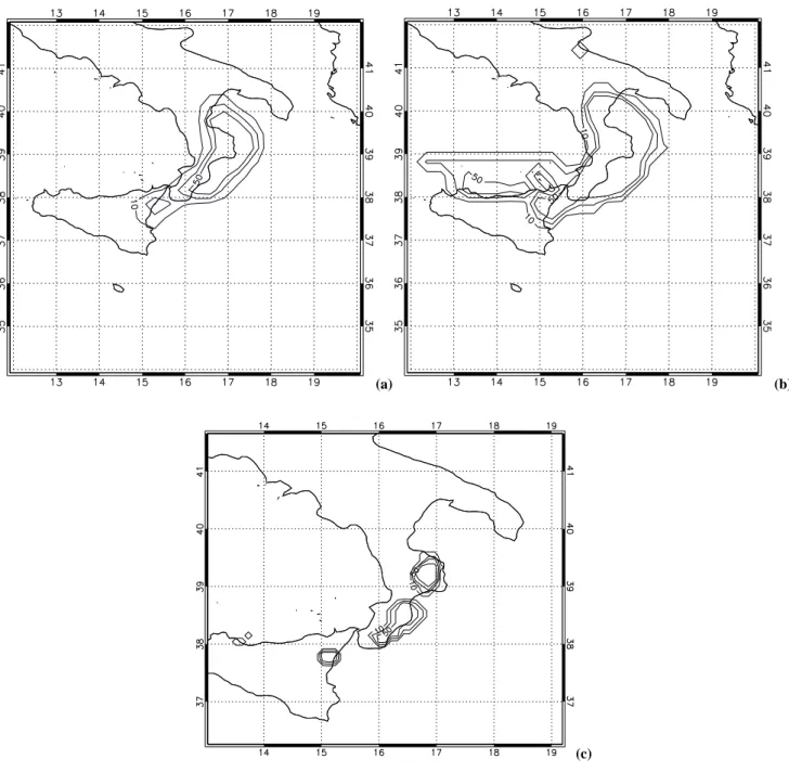 Fig. 5. (a) BF probability of more than 50 mm rainfall for 14 January 2001. Contours are reported for 10%, 30% and 50%