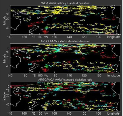 Fig. 2. Argo float trajectories colour-coded to show the variability of the AAIW salinity minimum.