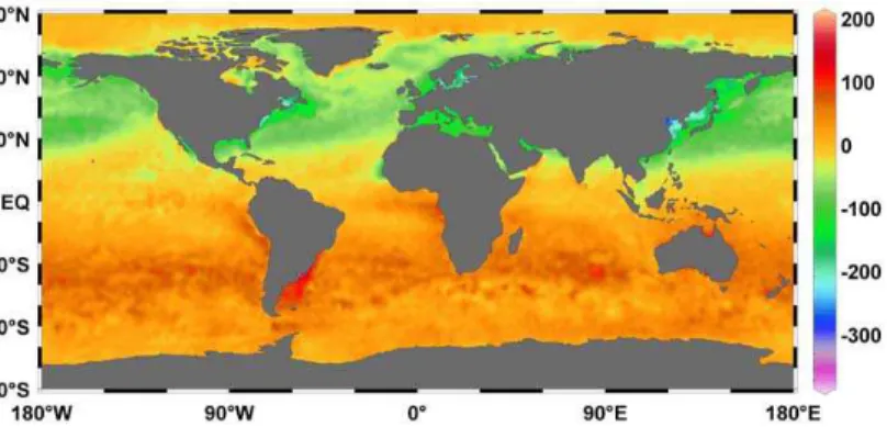 Fig. 3. Globally distributed estimates of entropy for January minus July (a); for October minus April (b) at the sea surface