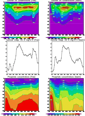 Fig. 8. Cross section of the upper 300 m of the water column along a section at latitude 34 ◦ N: Annual chlorophyll-a misfit of the 1999 assimilation run (top panel) and of the free run (bottom panel) from MedAtlas climatology.