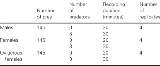 Table I: Summary data of the experimental procedure used to investigate E. affinis behavior and vulnerability to predation by D