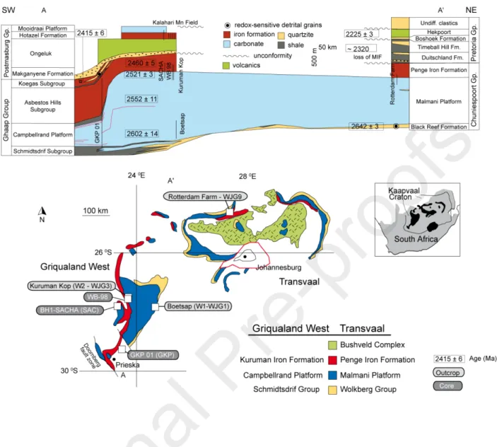 Figure  1  Structural  cross-section  through  the  Campbellrand  platform  (top)  and  geologic  map  (bottom) of the Kaapvaal Craton showing the cross-section transect through the surface exposures  of the Late Archean Transvaal Supergroup, and the two s