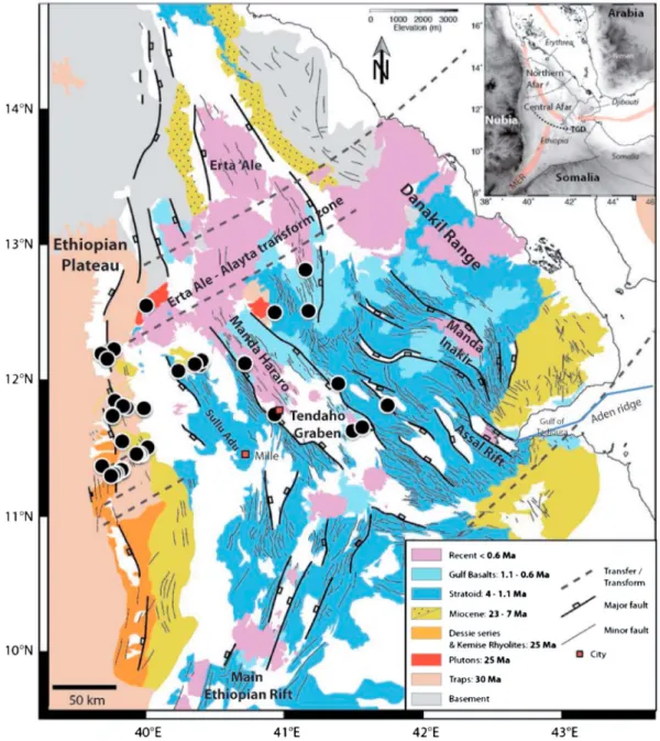 Figure 1. Geological map of the Afar Depression (after Stab et al., 2016), showing the distributions of the investigated samples ( ﬁ lled circles)