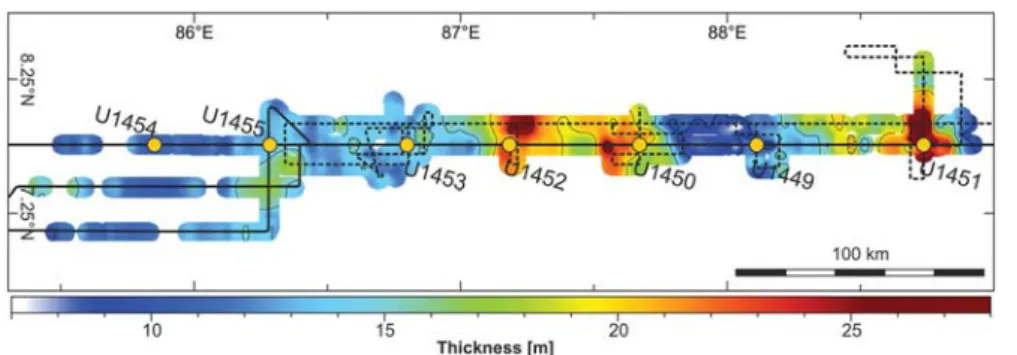 Figure 6. Thickness map of the Middle Pleistocene Hemipelagic Layer (MPHL). Conversion of two‐way travel time into meters has been conducted with the average P‐wave velocity of calcareous clay measured during Exp 354 (1,530 m/s).