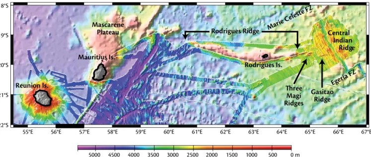 Figure 5. map of bathymetry showing the relationship between the reunion-mauritius hotspot track and the central indian ridge, which is located  more than 1000 km away (Dyment et al., 1999)
