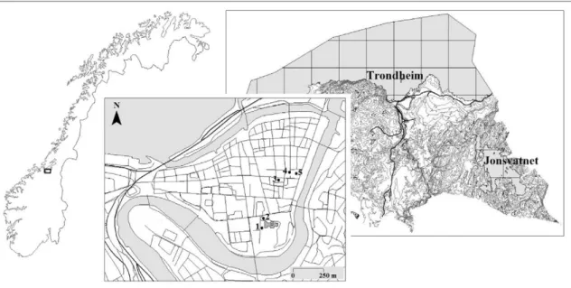 Fig. 1. Maps showing Norway with the location of Trondheim (left), the municipality of Trondheim with Lake Jonsvatnet (right), and the town centre of Trondheim with theﬁve archae- archae-ological sites providing the skeletal material for this study (front)