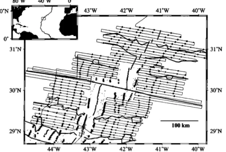 Figure  1.  Location of our survey area in the North Atlantic. Ship tracks for the EW9210 data are shown by  stippled black lines and ship tracks for previously  published  data acquired  aboard the R/V  R.D