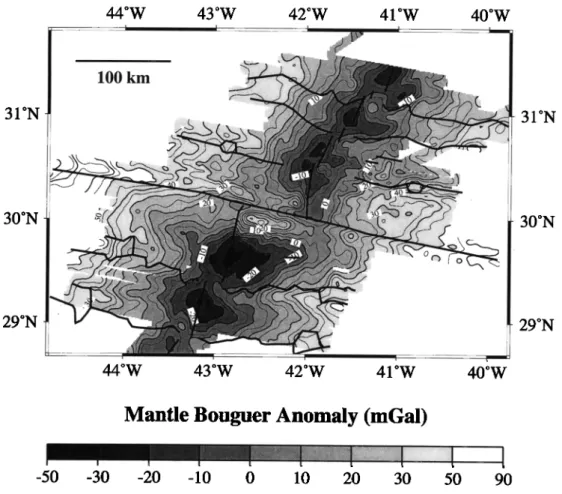 Figure  3b.  The mantle Bouguer  anomaly is  dominated  by  a long  wavelength increase in  gravity which  reflects the increase in  density of  the  lithosphere away from the  axis due to  cooling