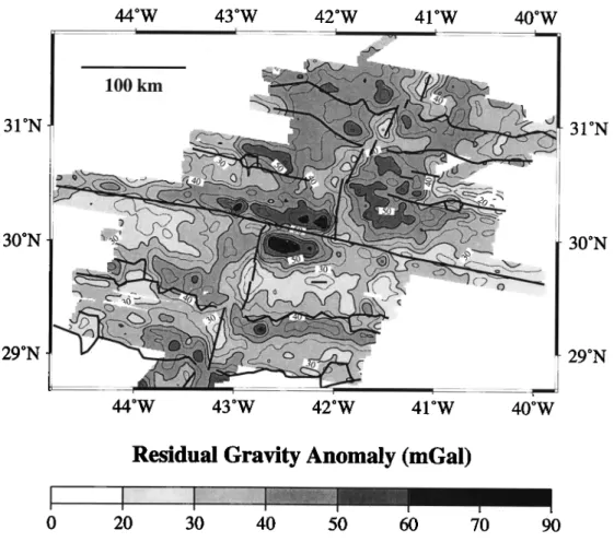 Figure  3d.  The residual gravity  anomaly (RGA) was calculated  by  subtracting the gravity field due to  lithospheric  cooling  from  the  Bouguer anomaly