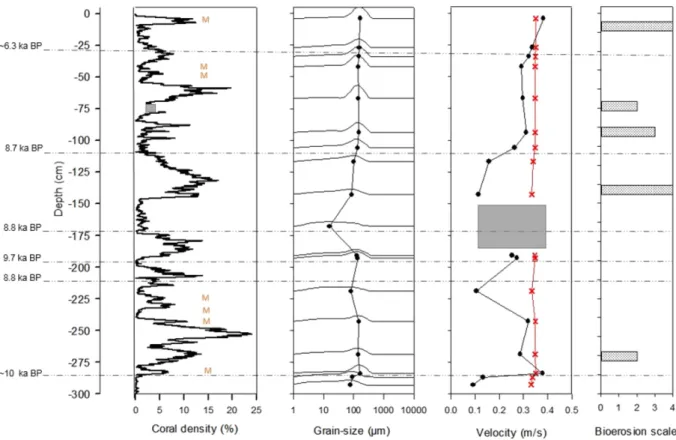 Fig. 4. Panel of graphs illustrating parameters measured from core 038 with dates. The letter M in the coral density plot illustrates the presence of Madrepora oculata